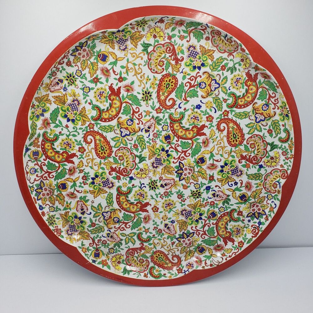 Vintage Daher Decorated Ware 16” Round Metal Tray Floral Paisley Made In England
